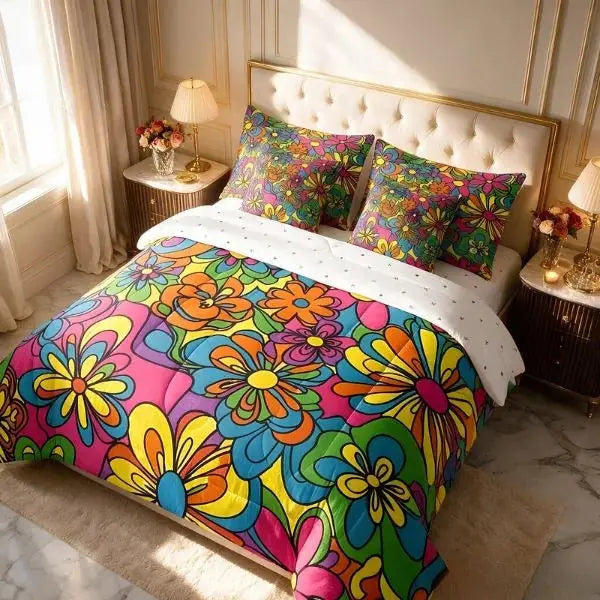 COMBO EDREDON PREMIUM 7 PIEZAS FLORES COLORES